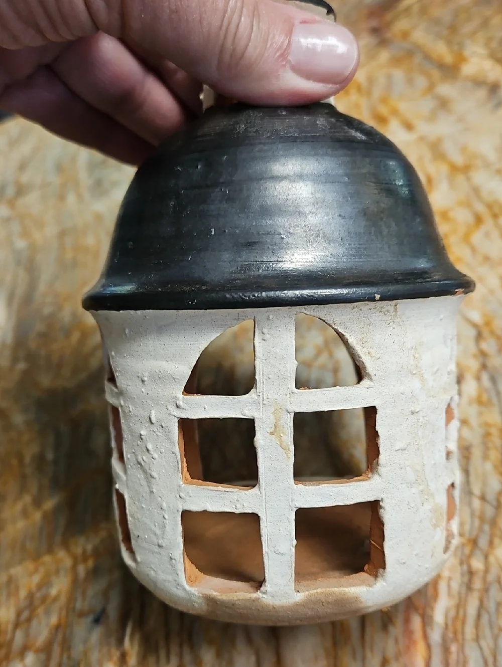 Terra Cotta Black/white Church Tea Light Holder